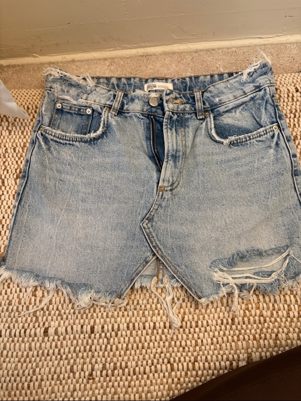Zara Light Blue Distressed Denim Mini Skirt